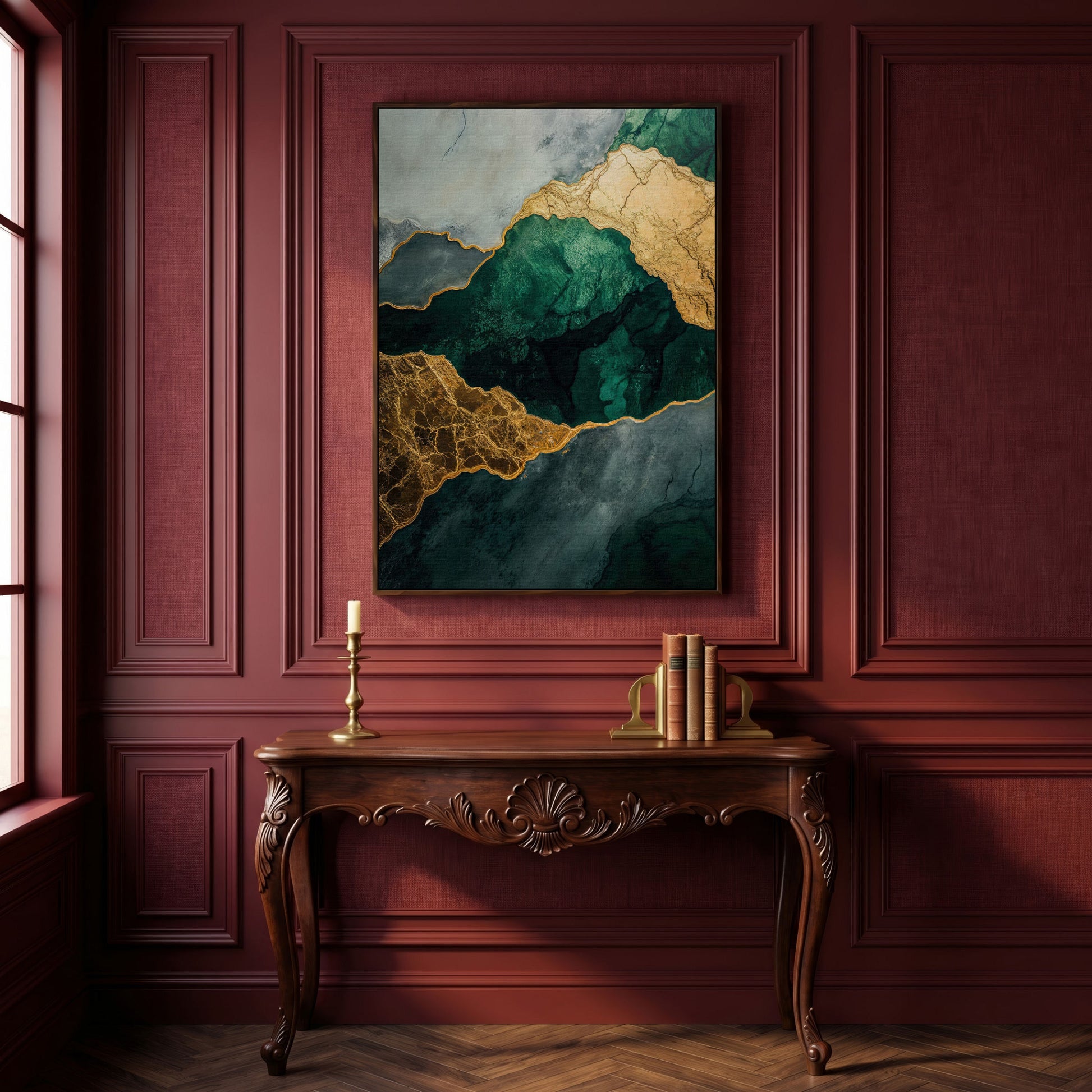 Emerald Green and Gold Liquid Painting Canvas in dark walnut floating frame