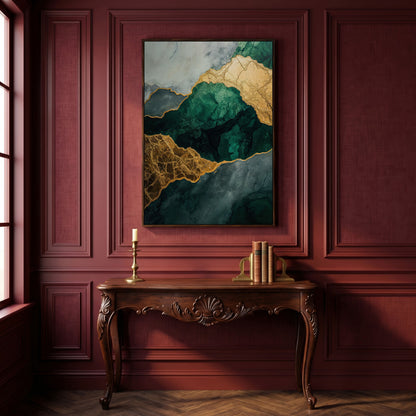 Emerald Green and Gold Liquid Painting Canvas in dark walnut floating frame