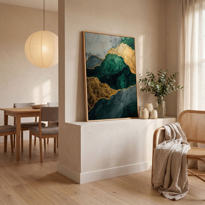 Emerald Green and Gold Liquid Painting Canvas in white oak floating frame
