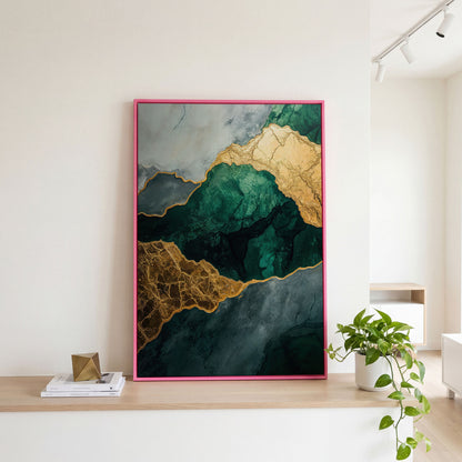 Emerald Green and Gold Liquid Painting Canvas in pink floating frame