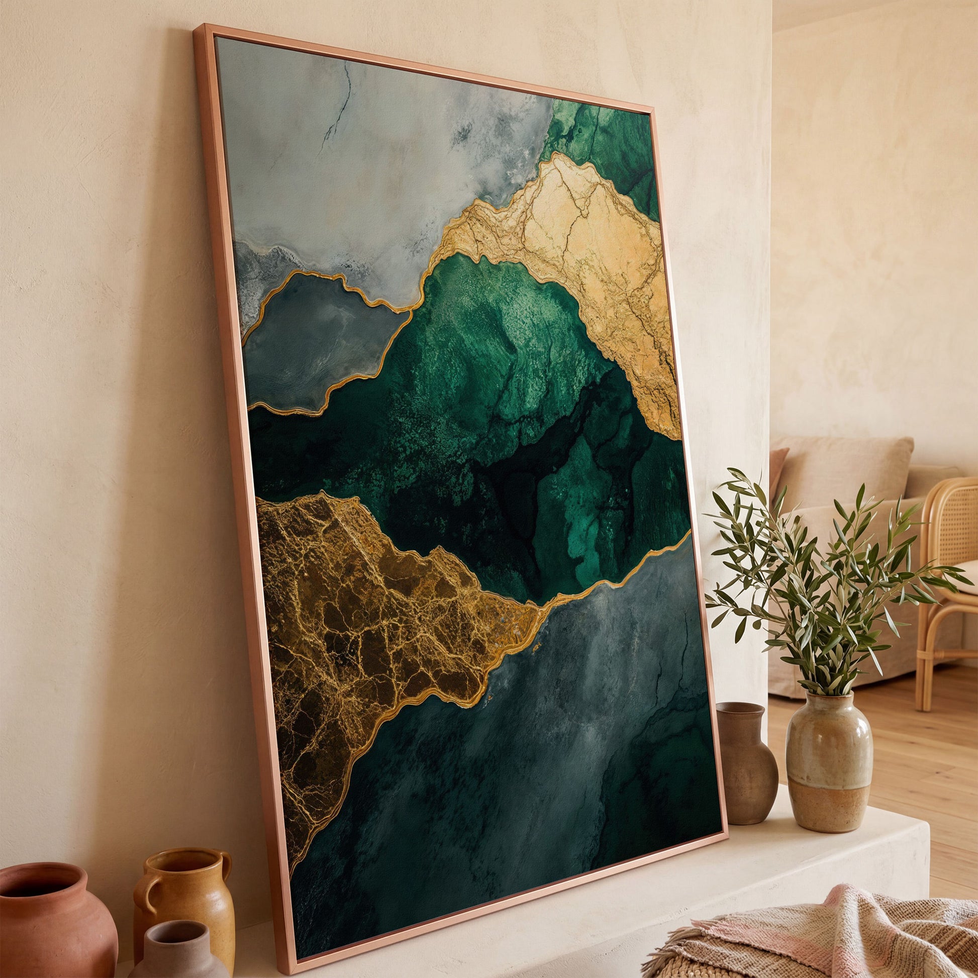 Emerald Green and Gold Liquid Painting Canvas in rose gold floating frame