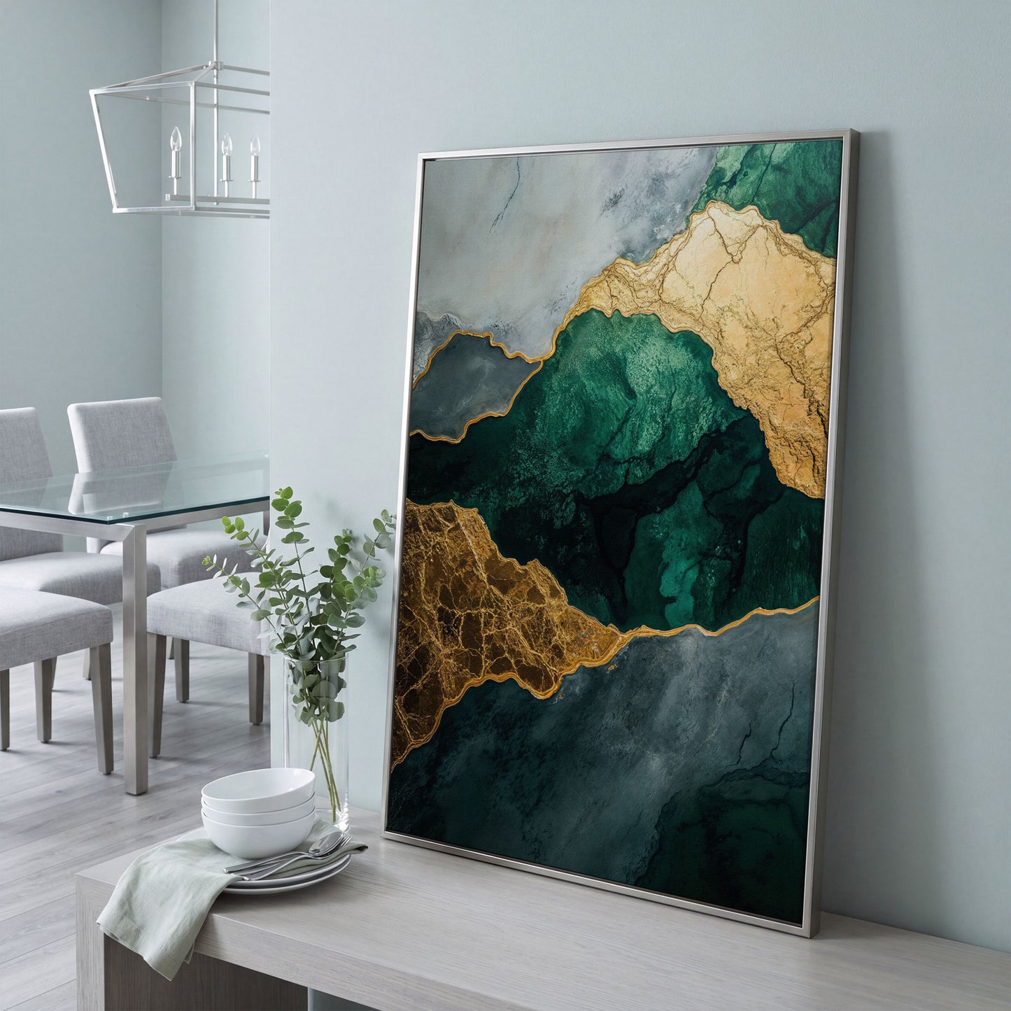 Emerald Green and Gold Liquid Painting Canvas in silver floating frame