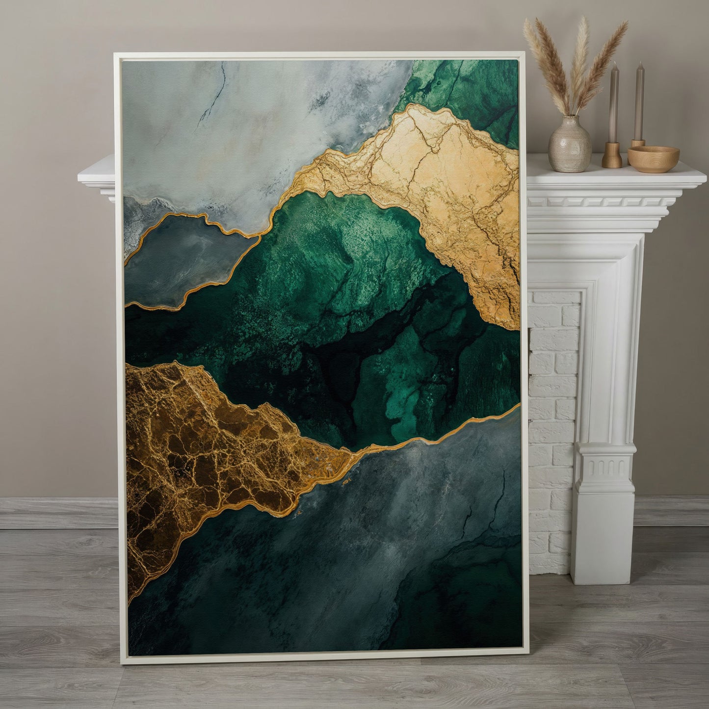 Emerald Green and Gold Liquid Painting Canvas in white floating frame