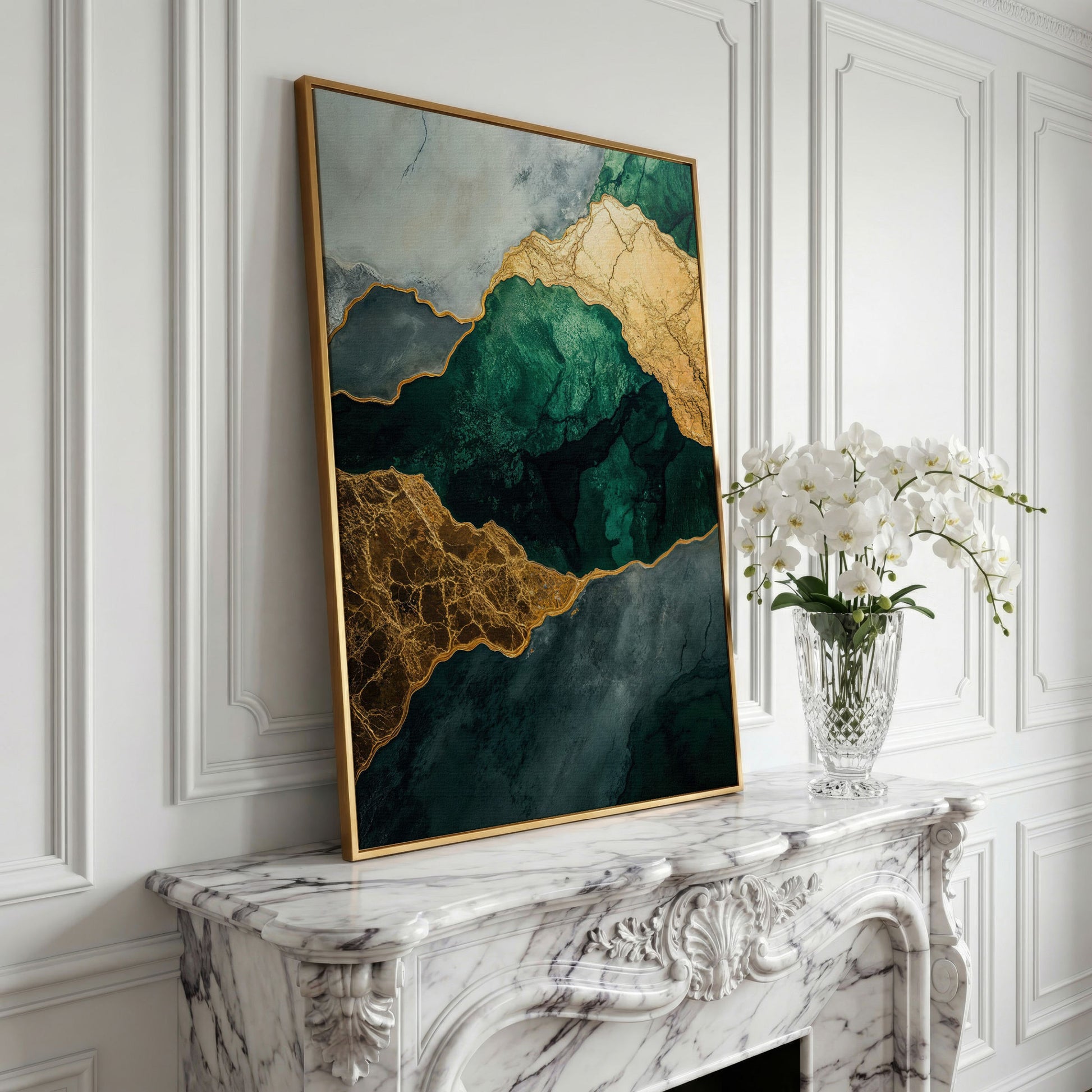 Emerald Green and Gold Liquid Painting Canvas in yellow gold floating frame