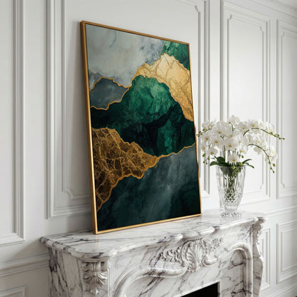 Emerald Green and Gold Liquid Painting Canvas in yellow gold floating frame