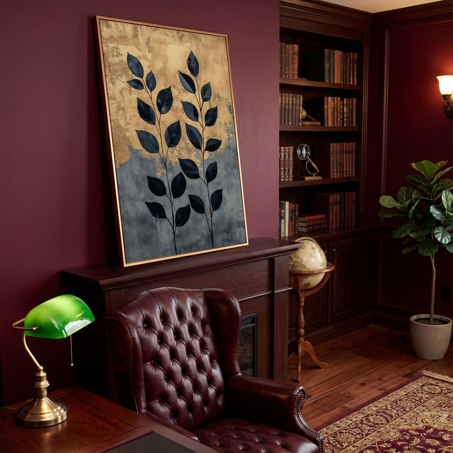 Abstract Black Leaves Canvas Print with Gold and Slate in antique gold floating frame