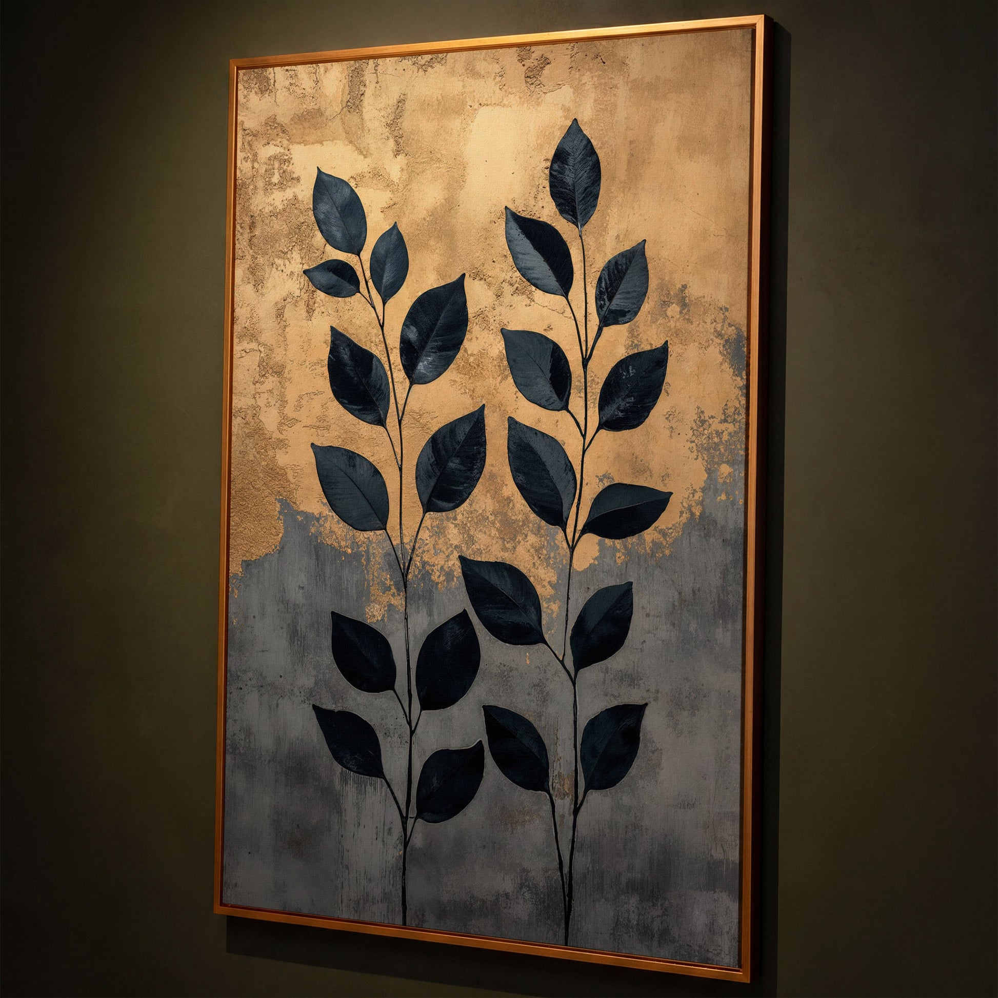 Abstract Black Leaves Canvas Print with Gold and Slate shown in antique gold floating frame