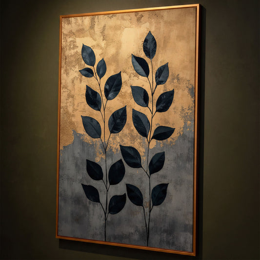 Abstract Black Leaves Canvas Print with Gold and Slate shown in antique gold floating frame