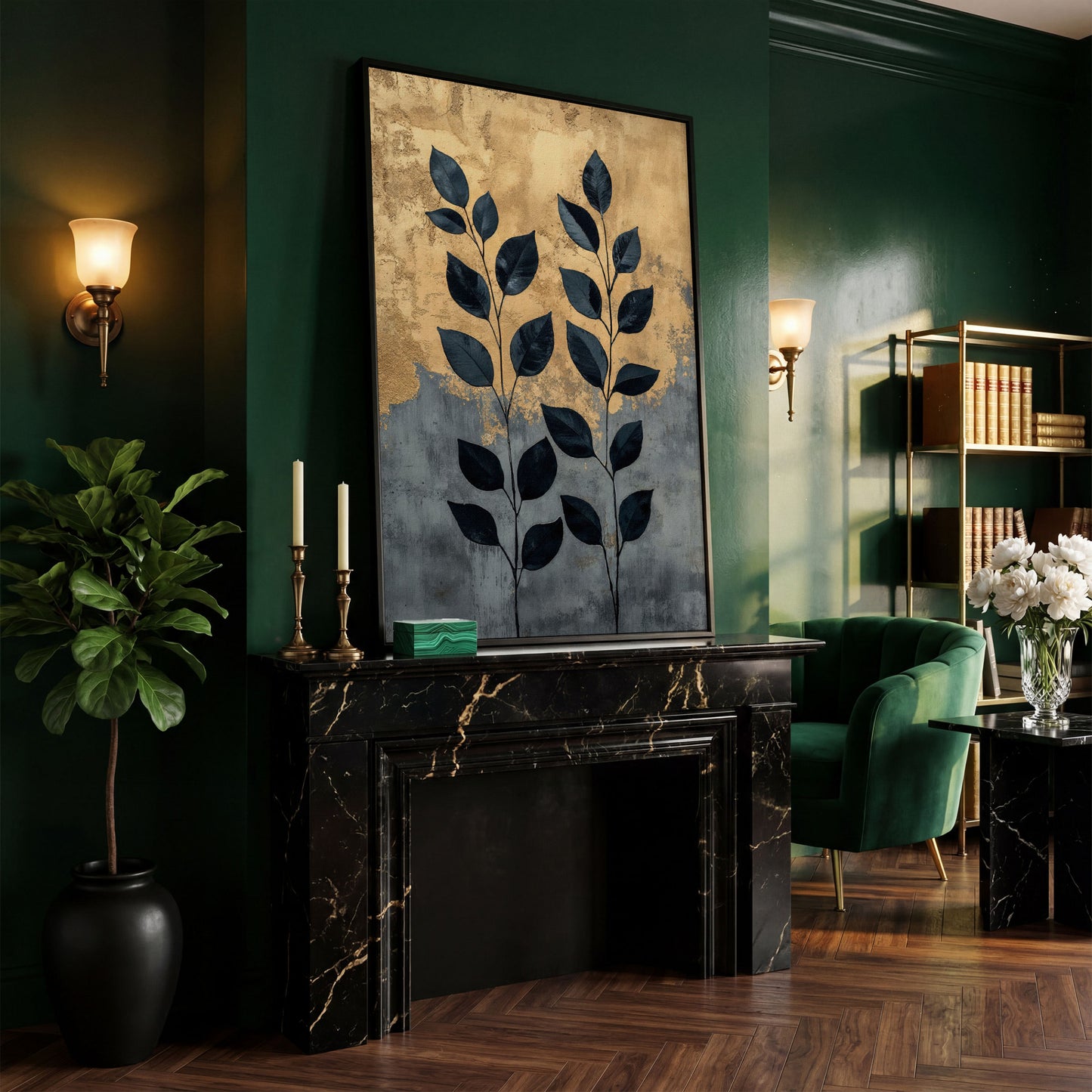 Abstract Black Leaves Canvas Print with Gold and Slate in black floating frame