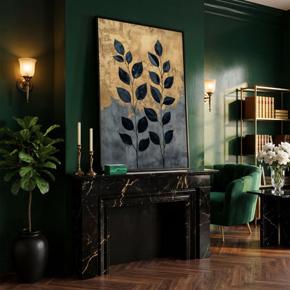 Abstract Black Leaves Canvas Print with Gold and Slate in black floating frame