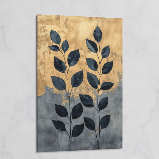 Abstract Black Leaves Canvas Print with Gold and Slate on gallery wrap