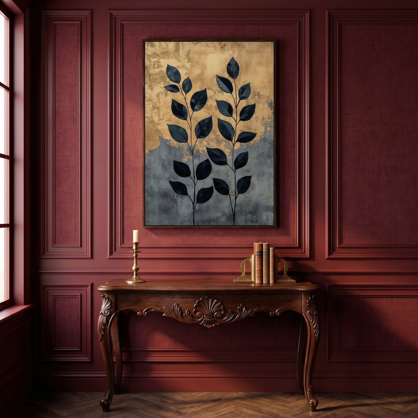 Abstract Black Leaves Canvas Print with Gold and Slate in dark walnut floating frame