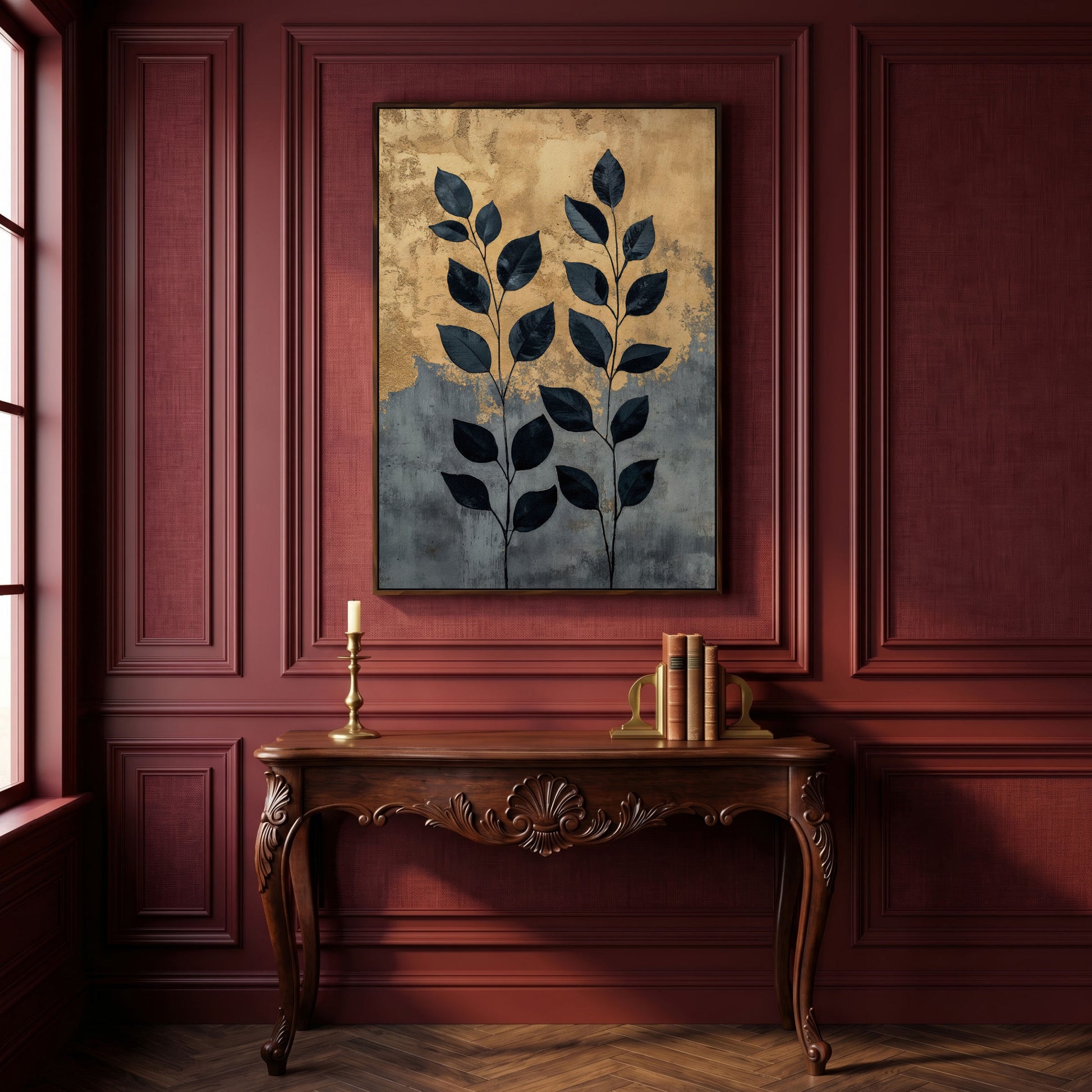 Abstract Black Leaves Canvas Print with Gold and Slate in dark walnut floating frame