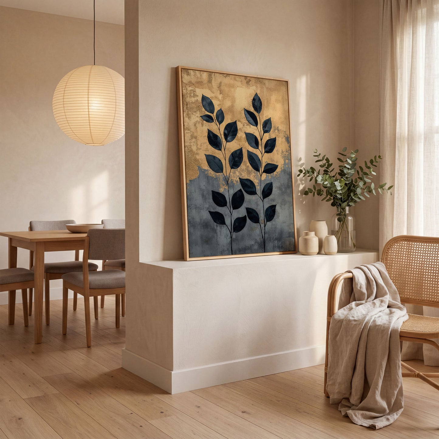 Abstract Black Leaves Canvas Print with Gold and Slate in white oak floating frame