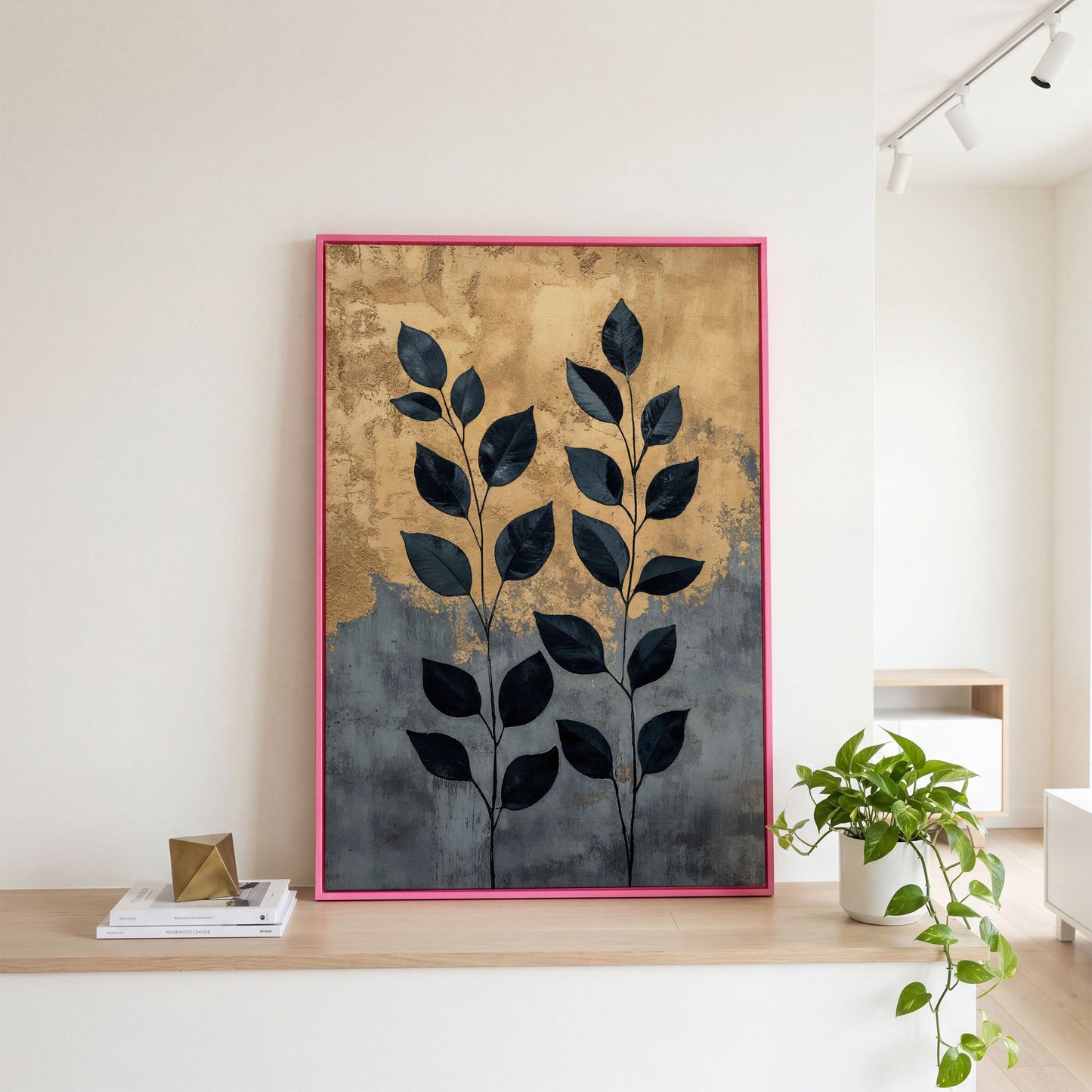 Abstract Black Leaves Canvas Print with Gold and Slate in pink floating frame