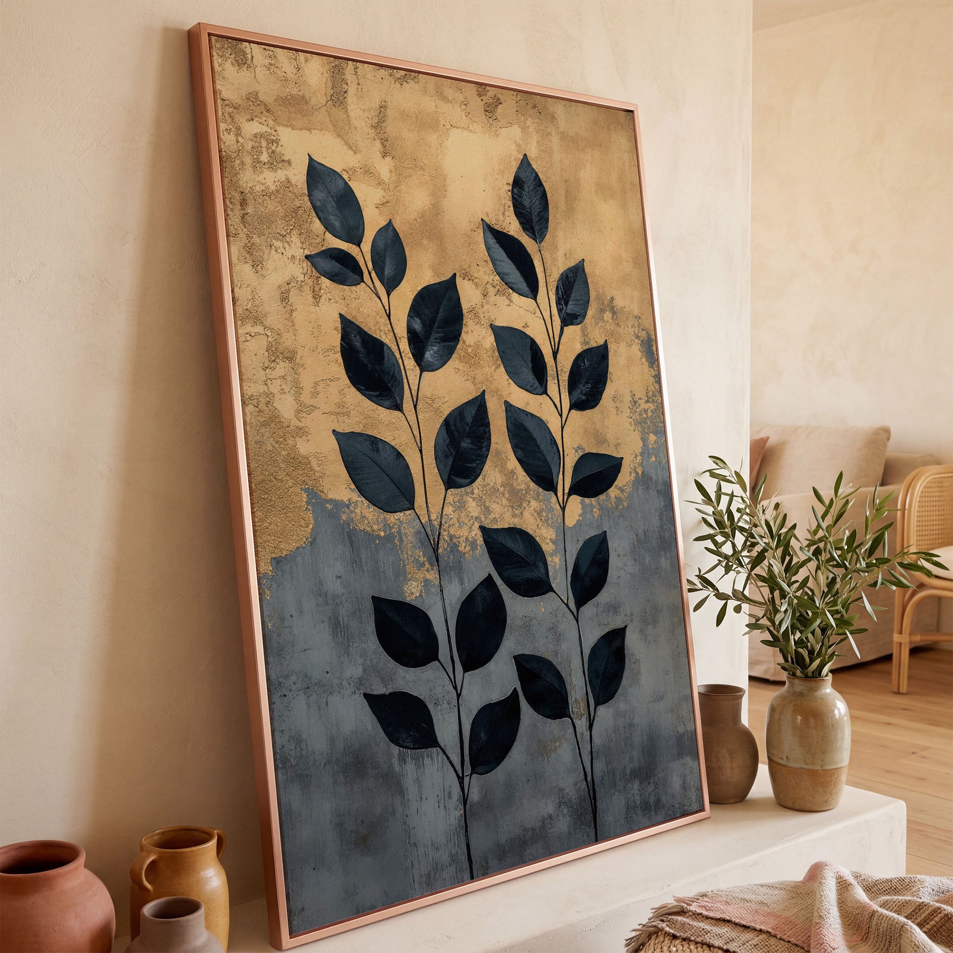 Abstract Black Leaves Canvas Print with Gold and Slate in rose gold floating frame