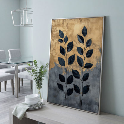 Abstract Black Leaves Canvas Print with Gold and Slate in silver floating frame
