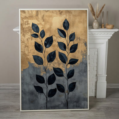 Abstract Black Leaves Canvas Print with Gold and Slate in white floating frame