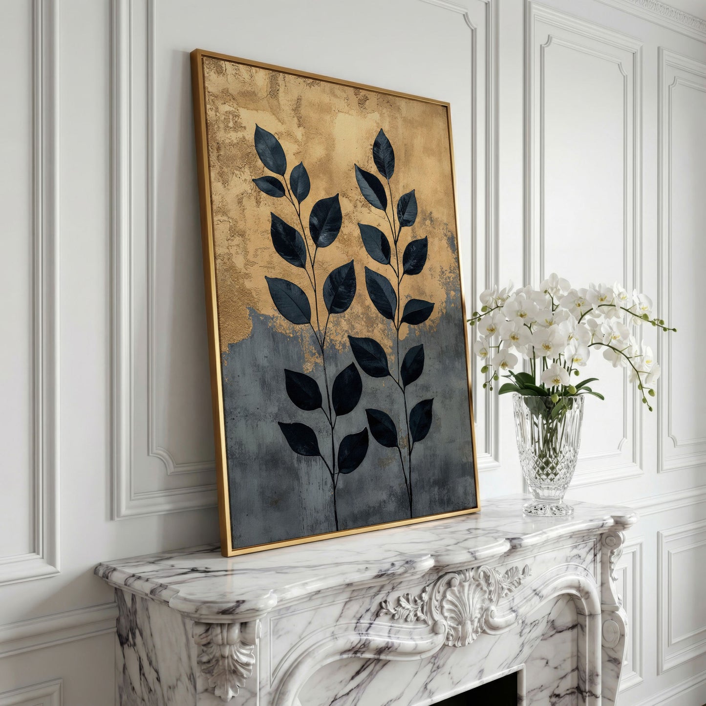 Abstract Black Leaves Canvas Print with Gold and Slate in yellow gold floating frame