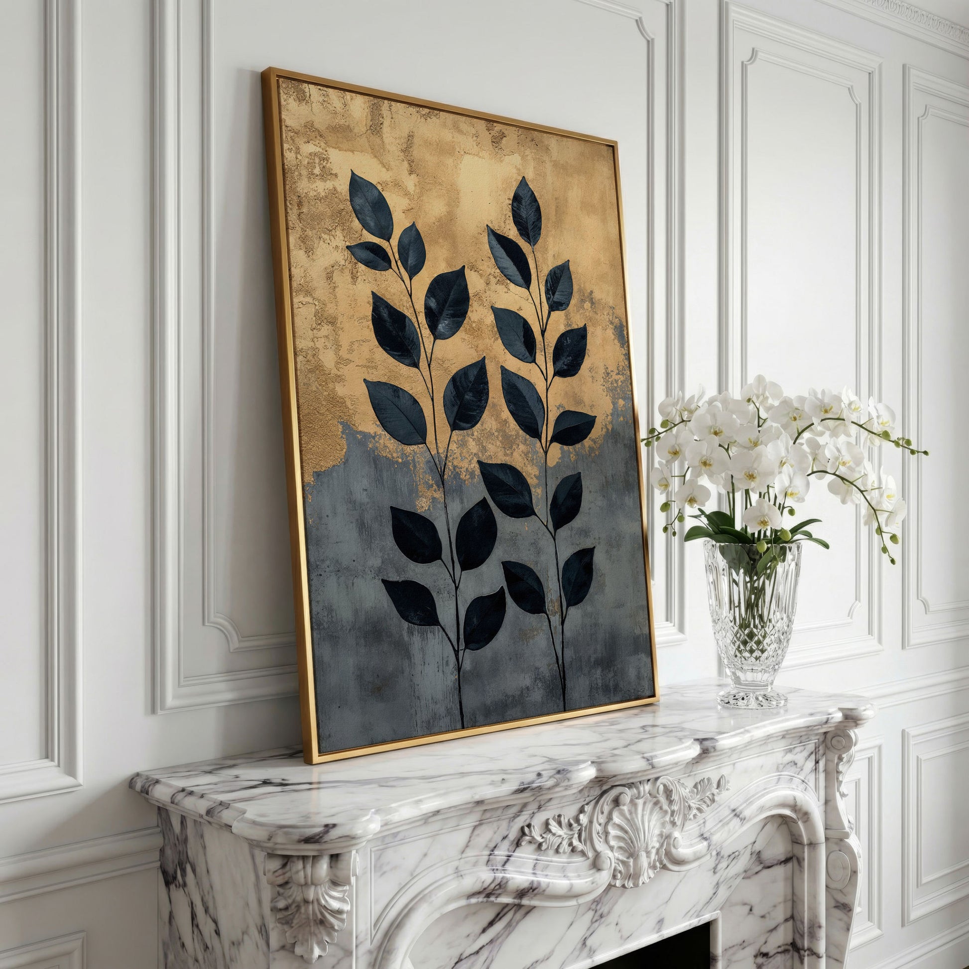 Abstract Black Leaves Canvas Print with Gold and Slate in yellow gold floating frame