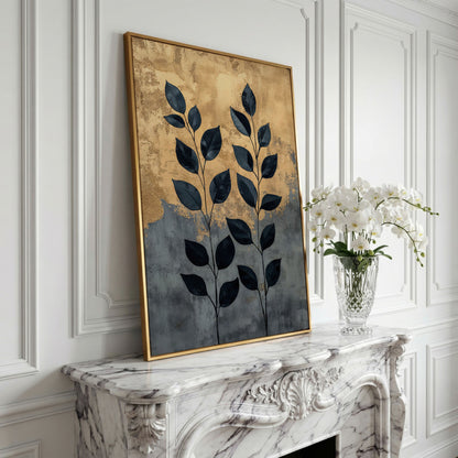 Abstract Black Leaves Canvas Print with Gold and Slate in yellow gold floating frame