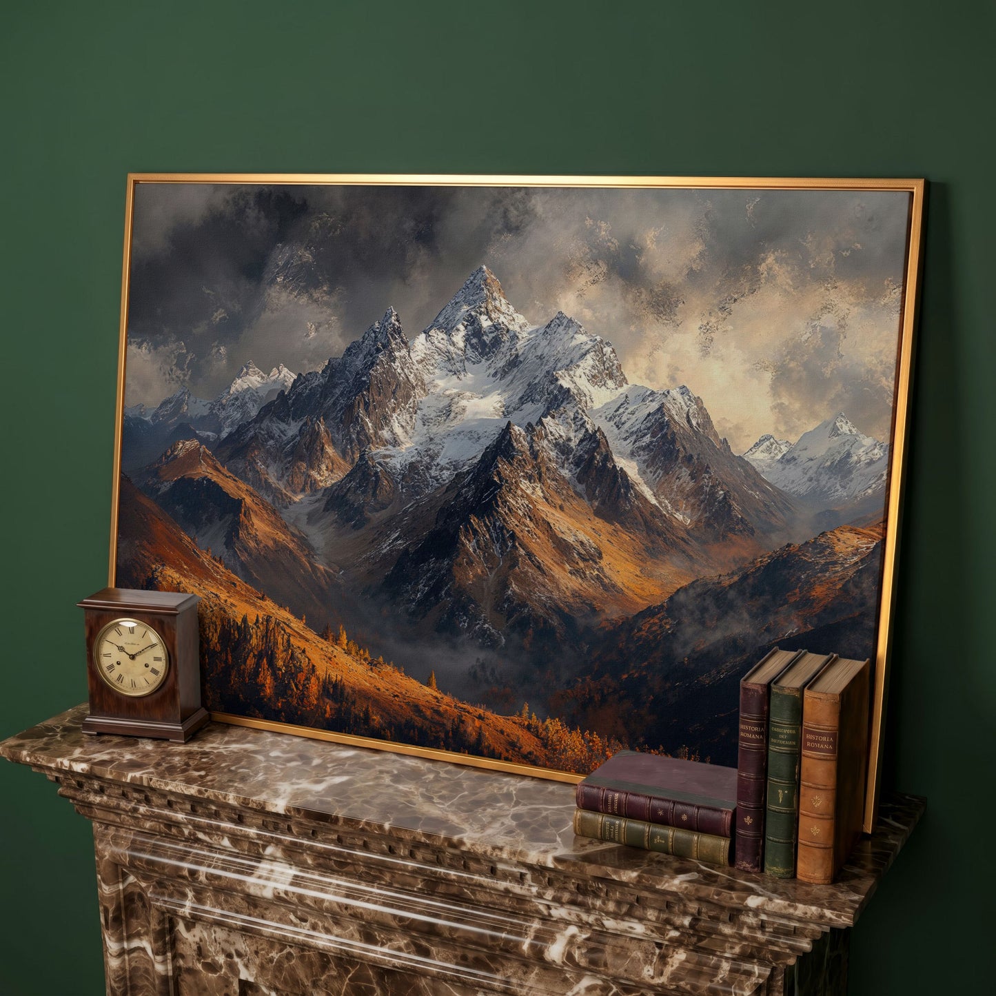 Snowy Mountain Range Canvas Print in antique gold floating frame