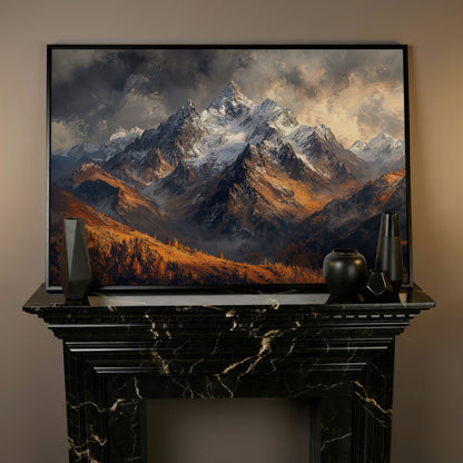 Snowy Mountain Range Canvas Print in black floating frame