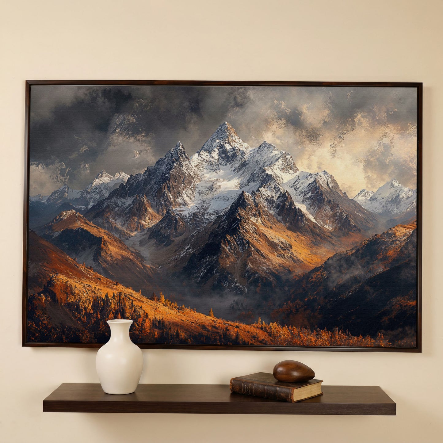 Snowy Mountain Range Canvas Print in dark walnut floating frame