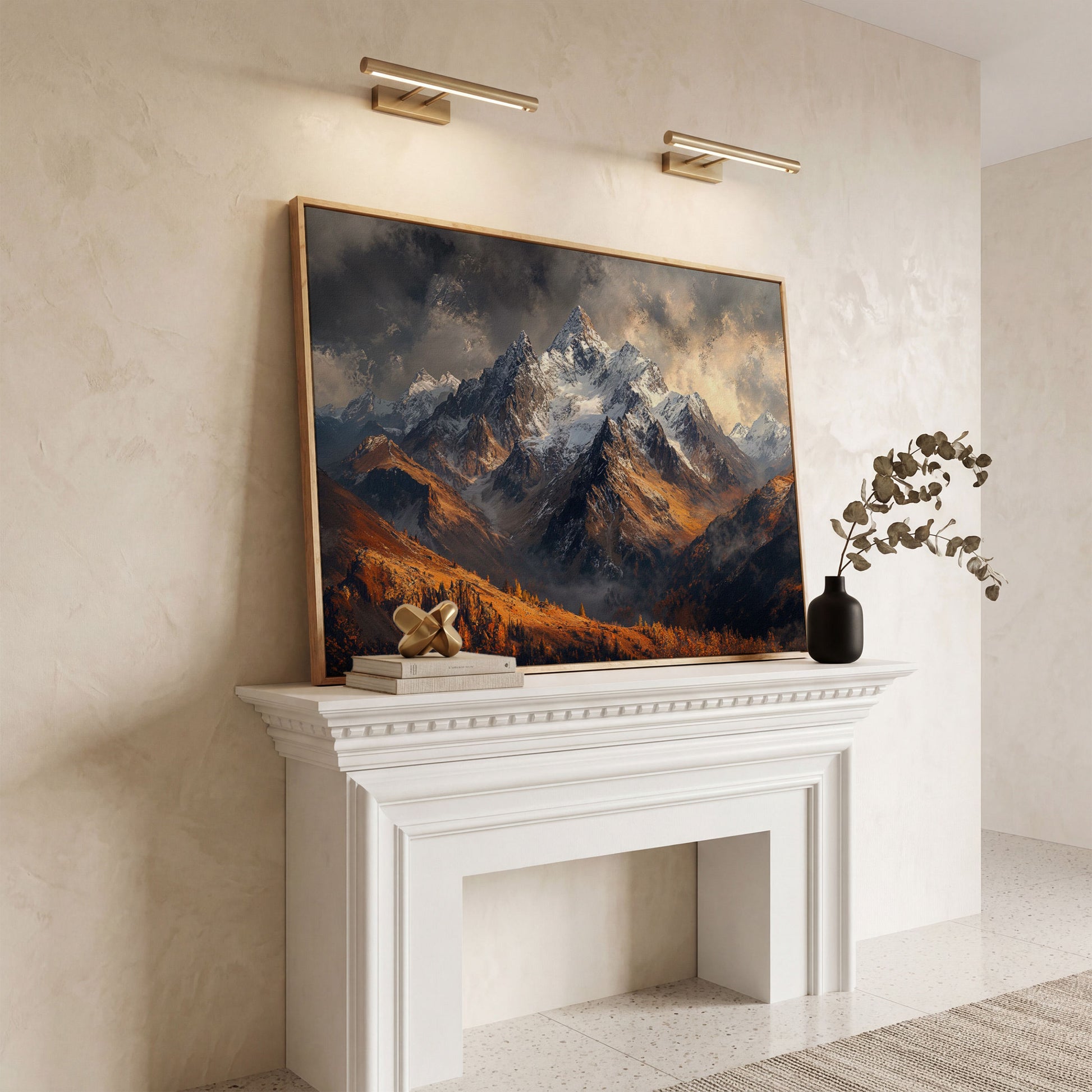 Snowy Mountain Range Canvas Print in white oak floating frame