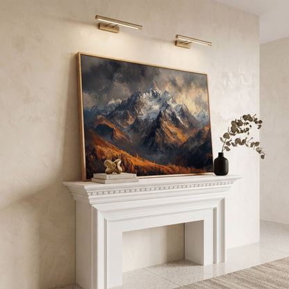 Snowy Mountain Range Canvas Print in white oak floating frame