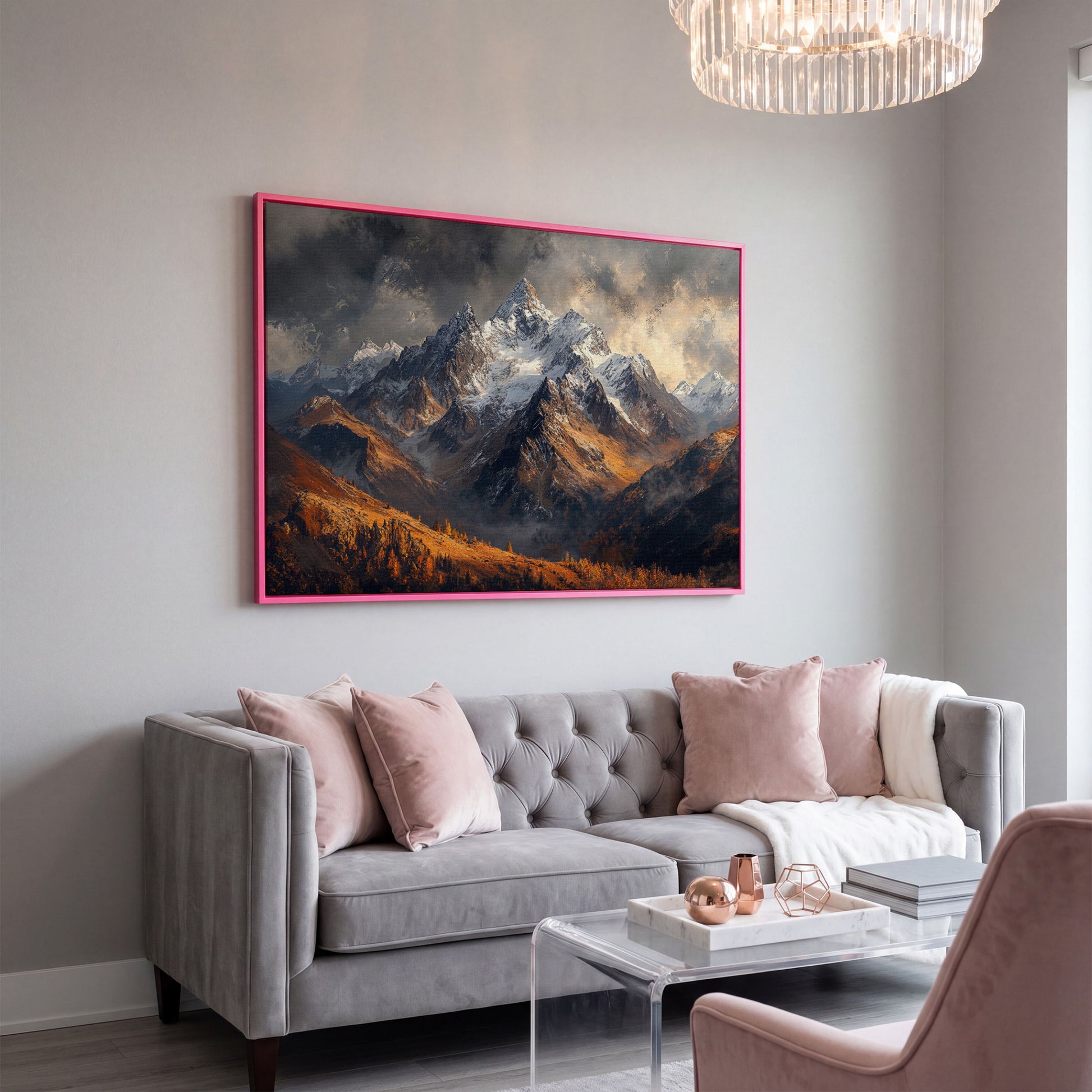 Snowy Mountain Range Canvas Print in pink floating frame
