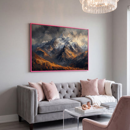 Snowy Mountain Range Canvas Print in pink floating frame