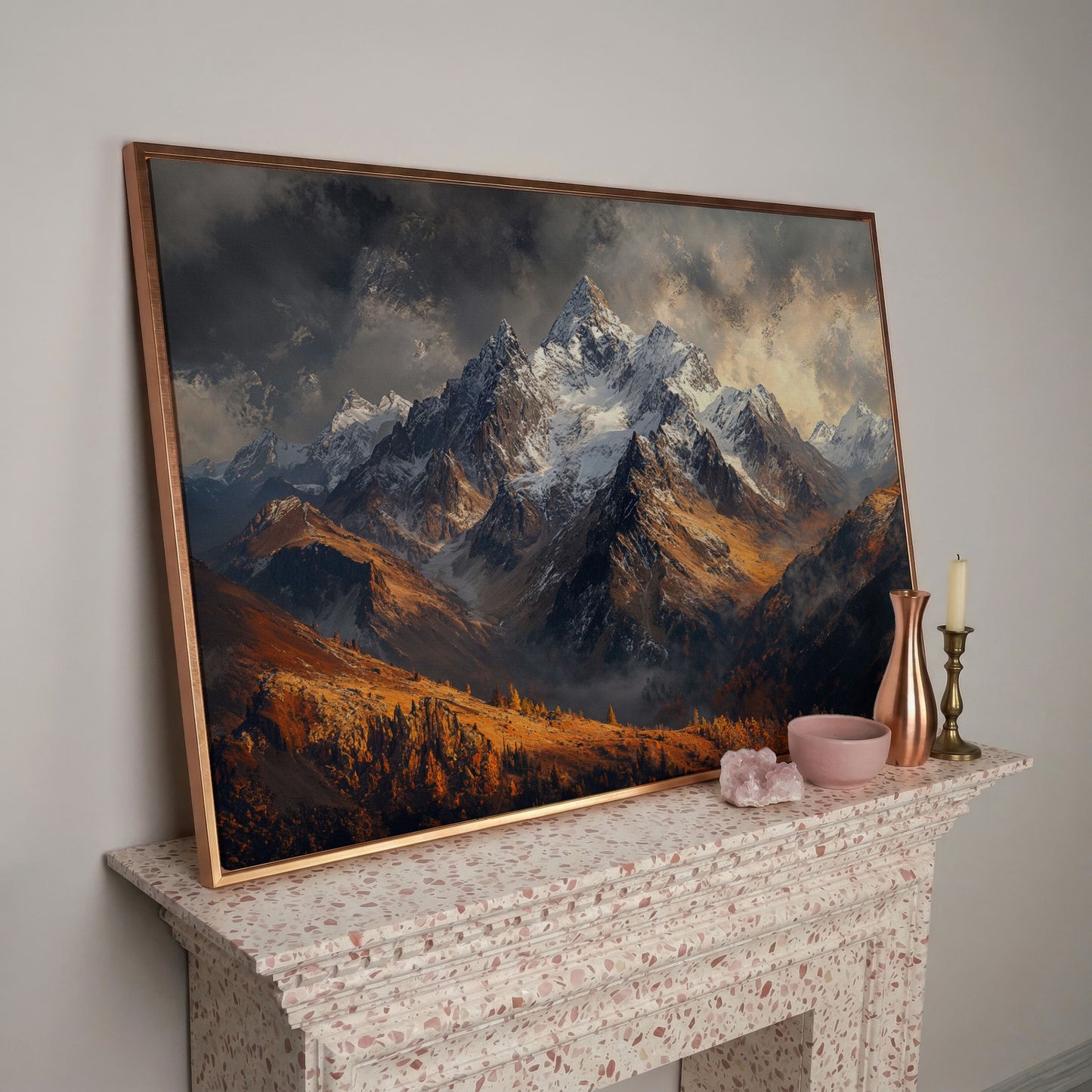 Snowy Mountain Range Canvas Print in rose gold floating frame