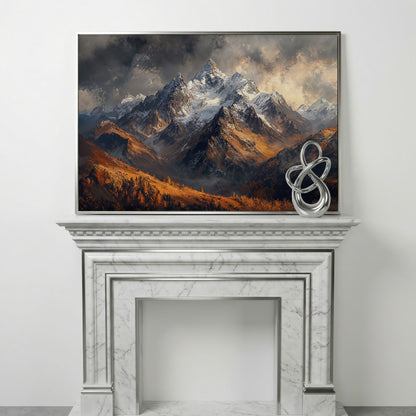 Snowy Mountain Range Canvas Print in silver floating frame