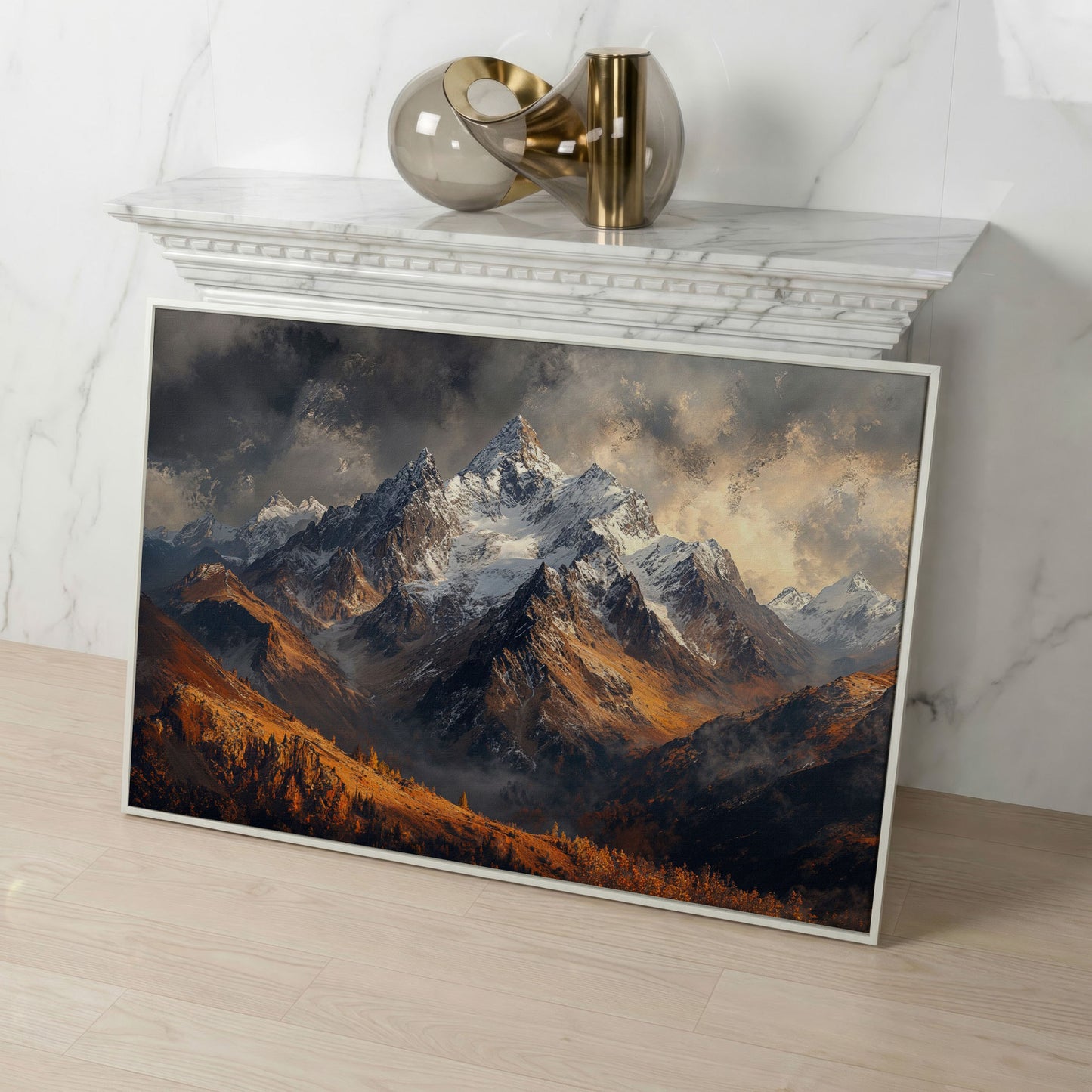Snowy Mountain Range Canvas Print in white floating frame