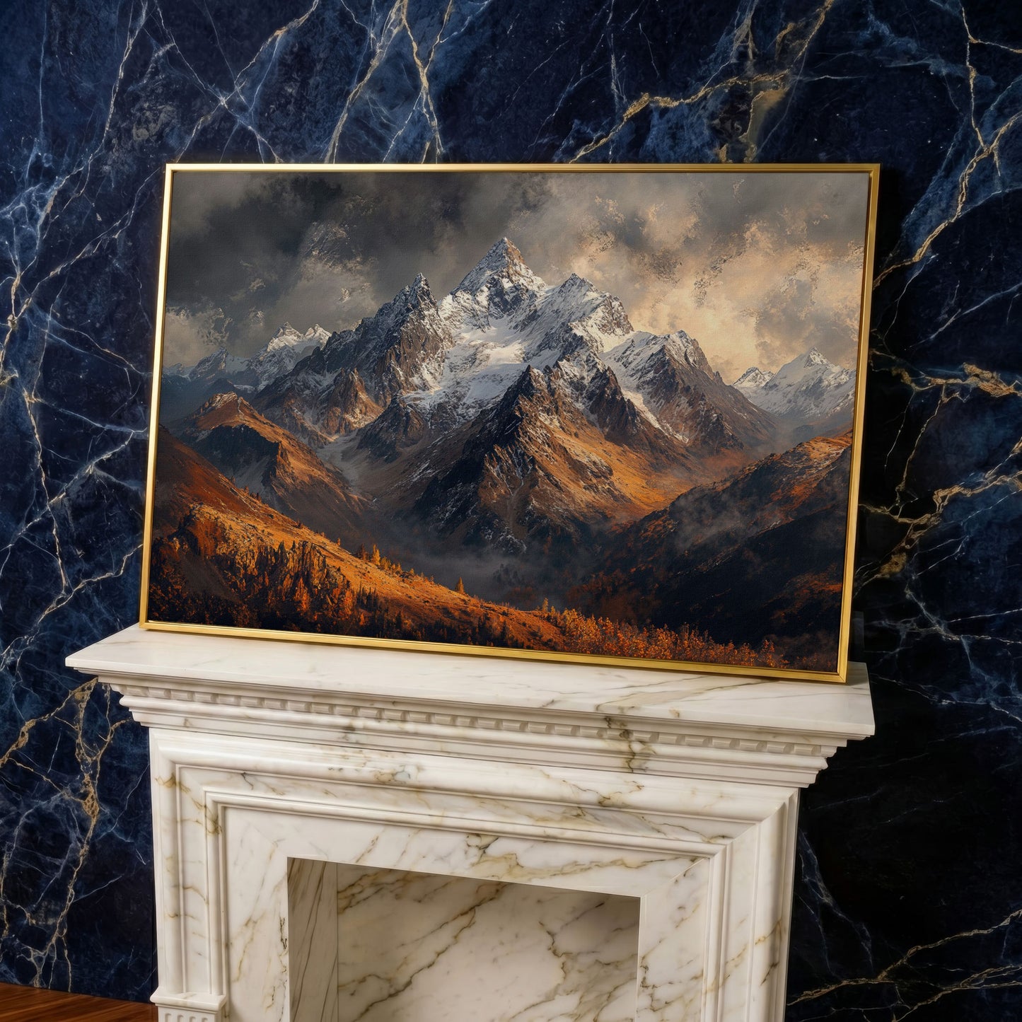 Snowy Mountain Range Canvas Print in yellow gold floating frame