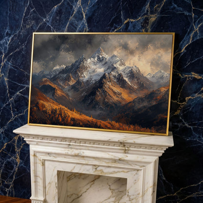 Snowy Mountain Range Canvas Print in yellow gold floating frame