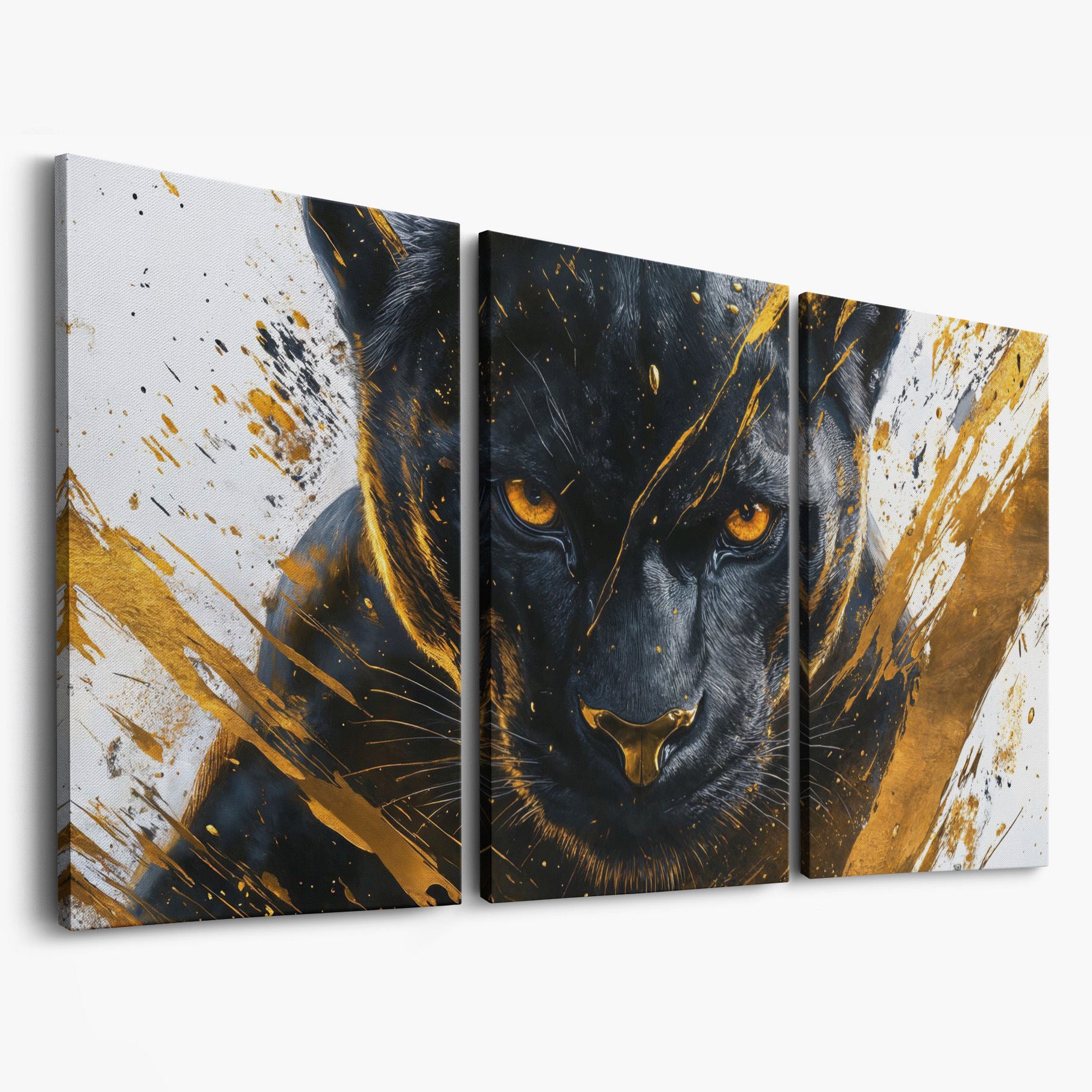 Black Panther with Gold Accents Canvas as 3-panel split version