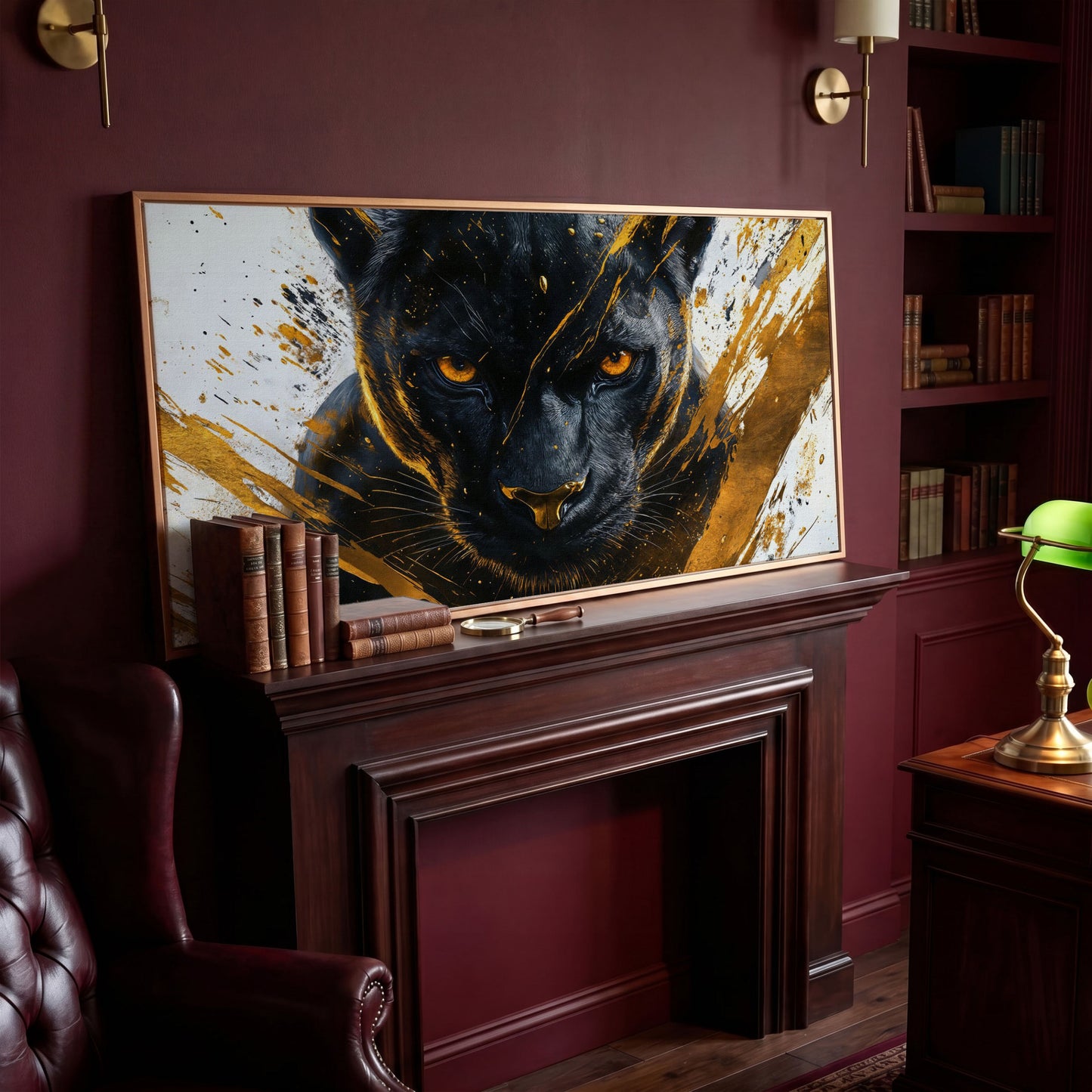 Black Panther with Gold Accents Canvas in antique gold floating frame