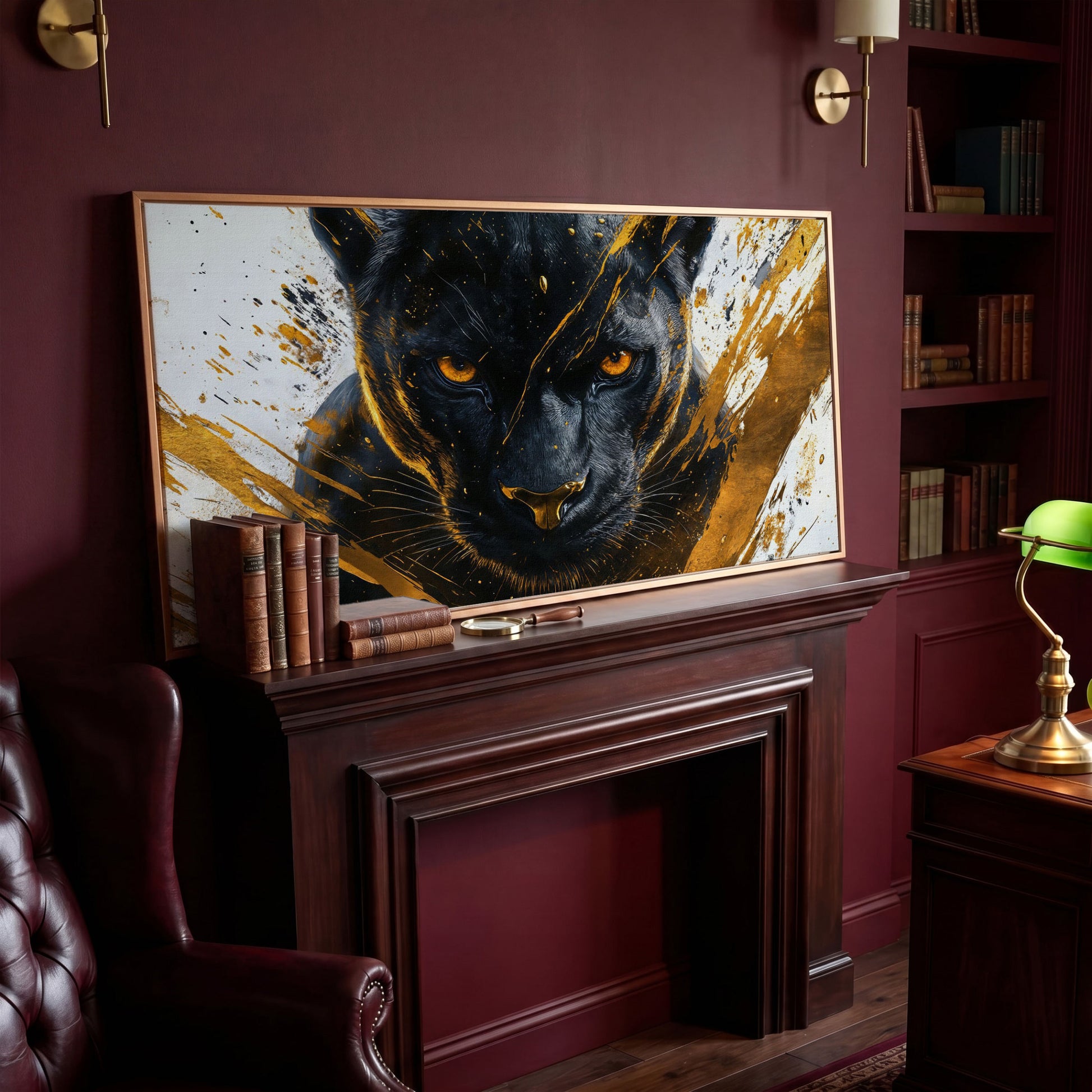 Black Panther with Gold Accents Canvas in antique gold floating frame