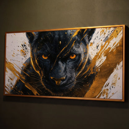 Black Panther with Gold Accents Canvas shown in antique gold floating frame
