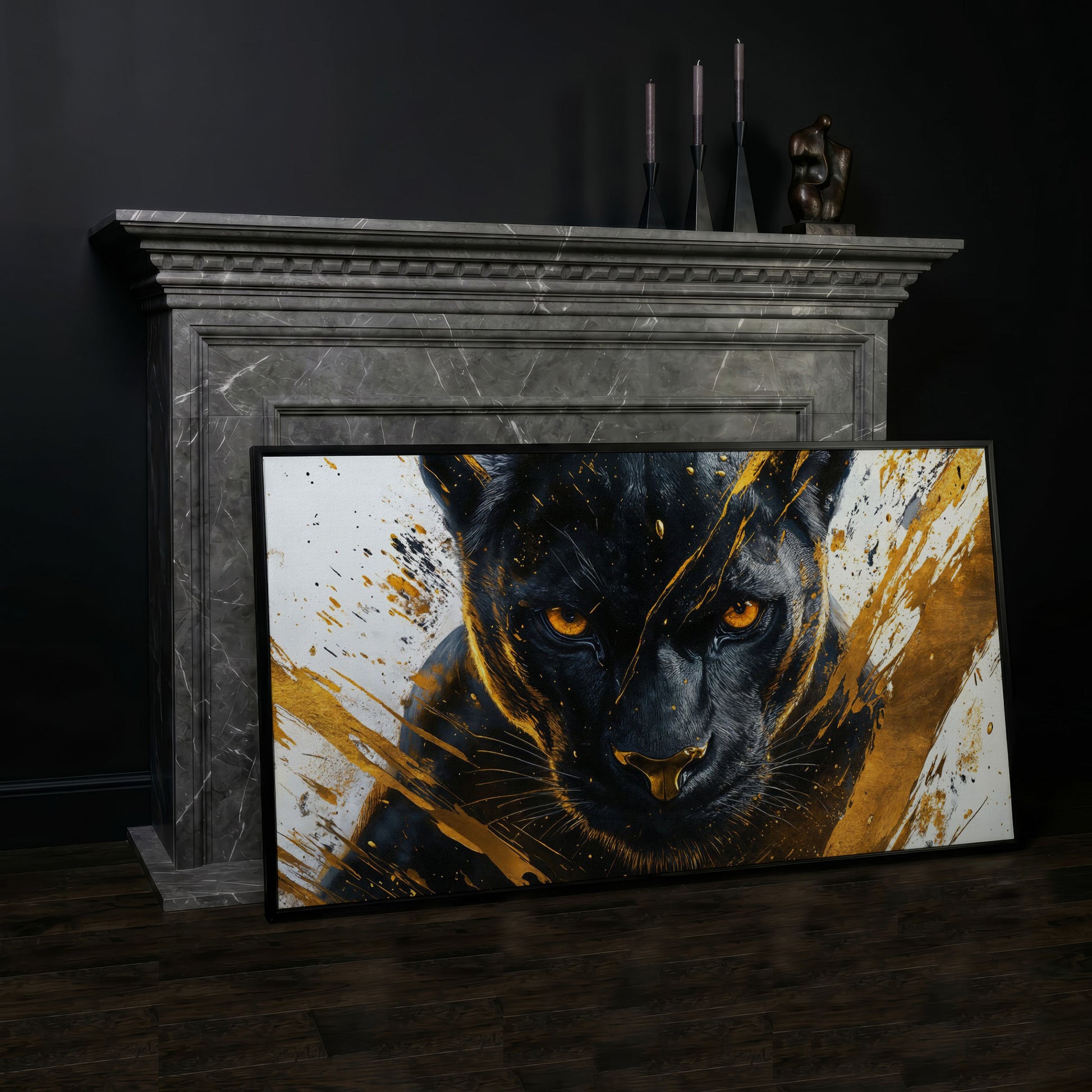 Black Panther with Gold Accents Canvas in black floating frame