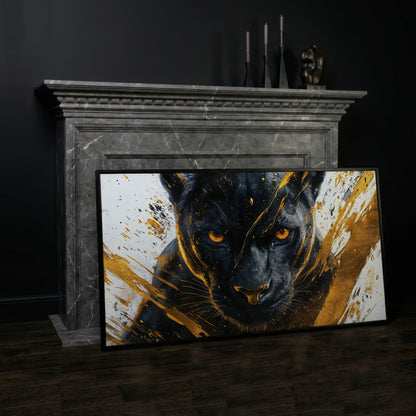 Black Panther with Gold Accents Canvas in black floating frame
