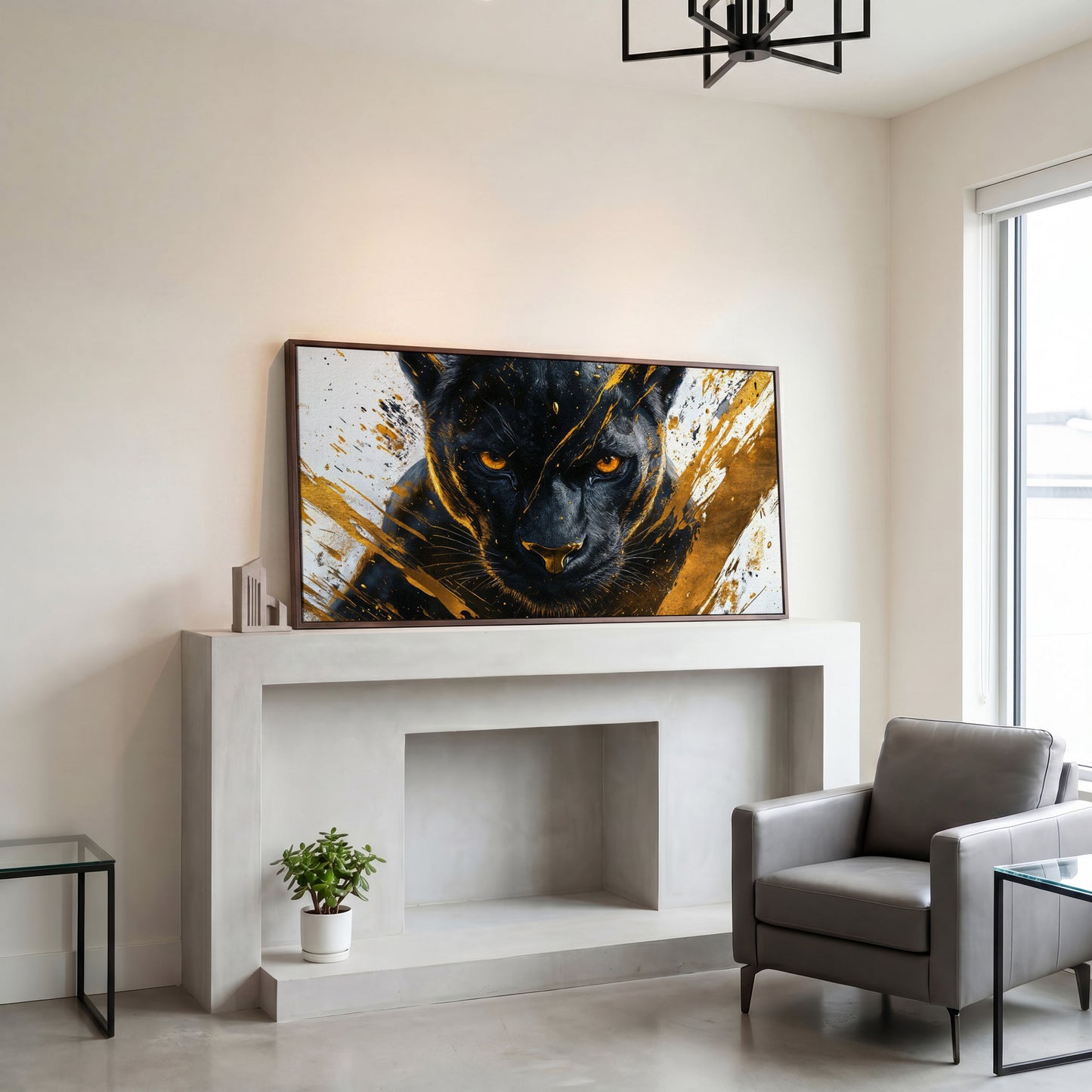 Black Panther with Gold Accents Canvas in dark walnut floating frame