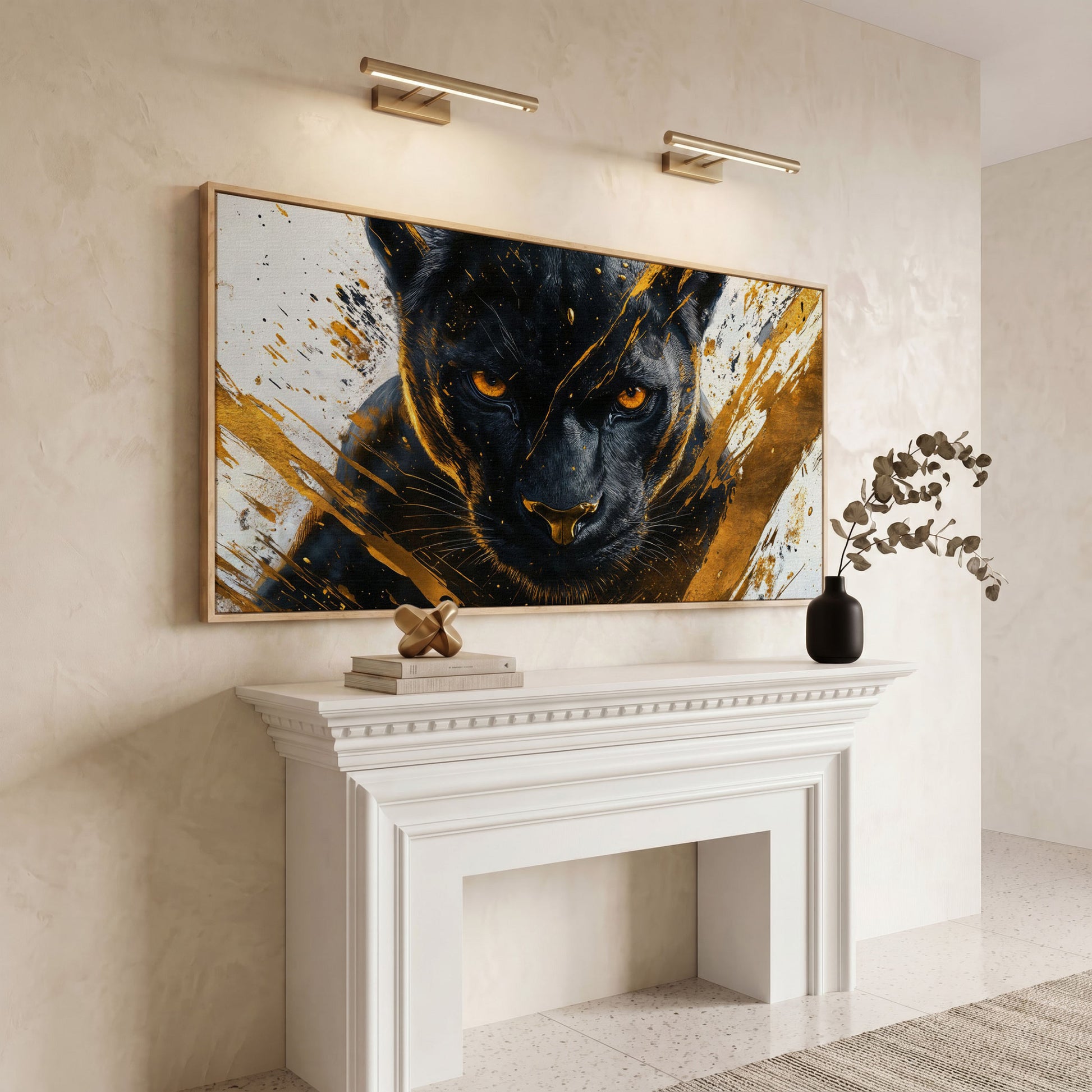 Black Panther with Gold Accents Canvas in white oak floating frame