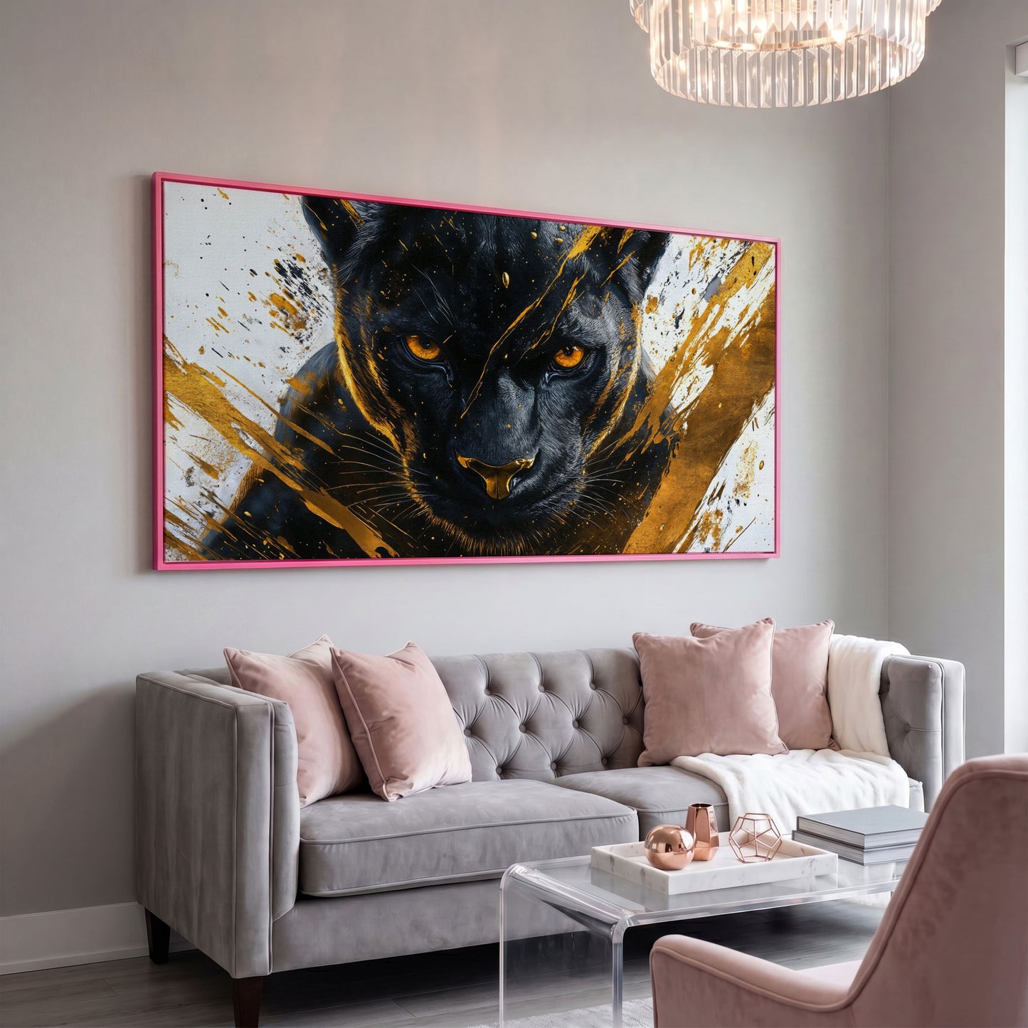 Black Panther with Gold Accents Canvas in pink floating frame