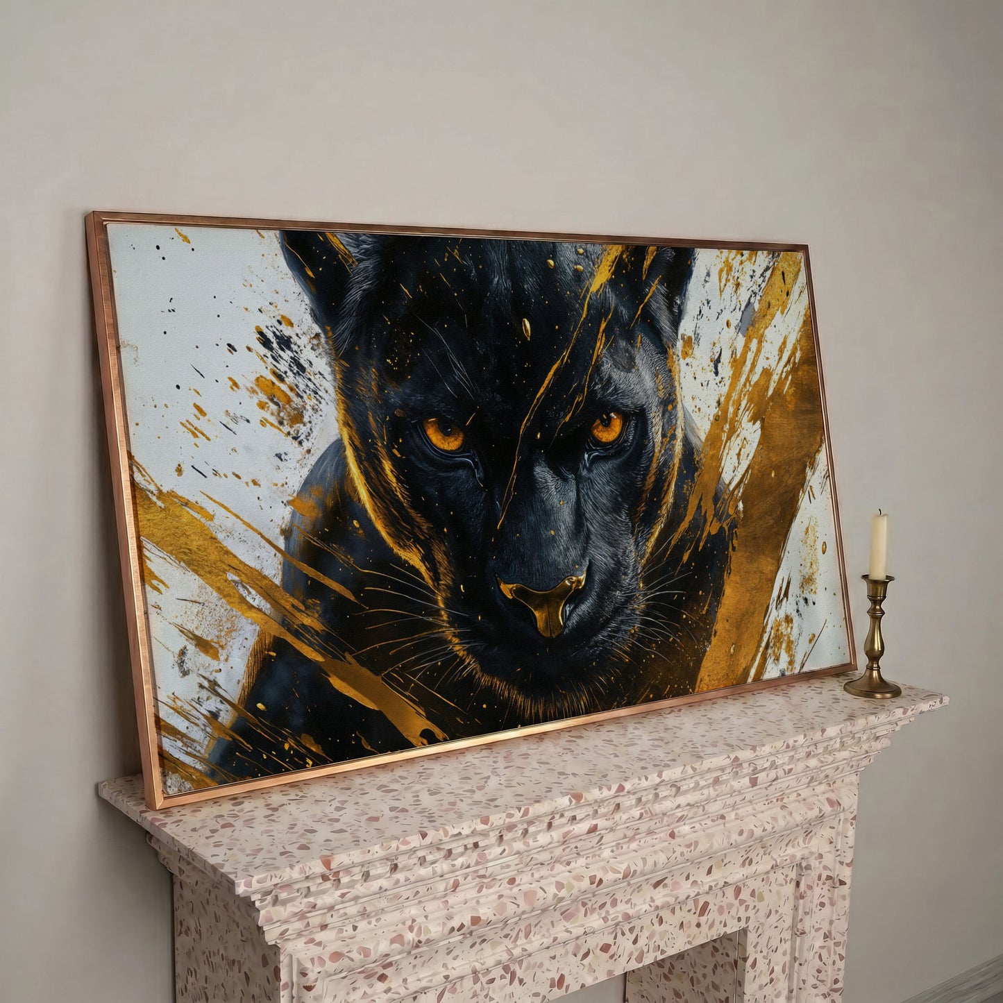 Black Panther with Gold Accents Canvas in rose gold floating frame