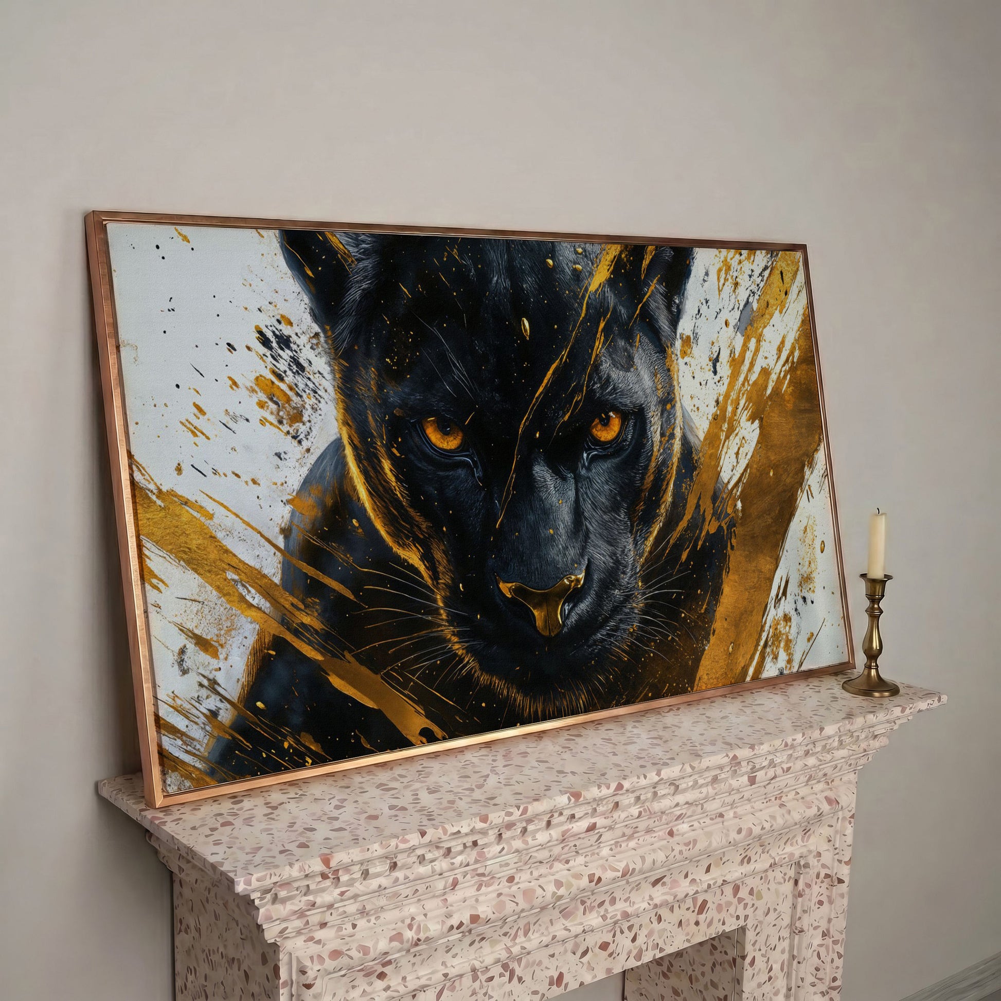 Black Panther with Gold Accents Canvas in rose gold floating frame