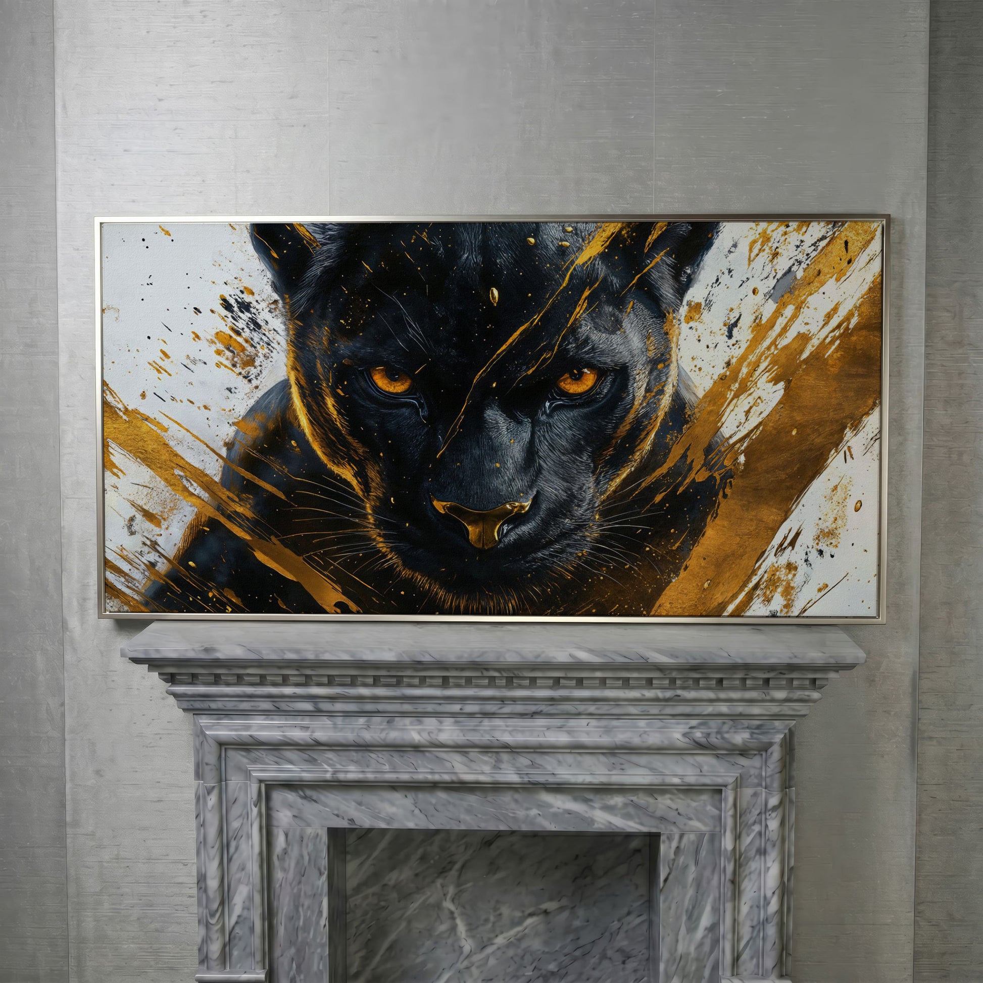 Black Panther with Gold Accents Canvas in silver floating frame