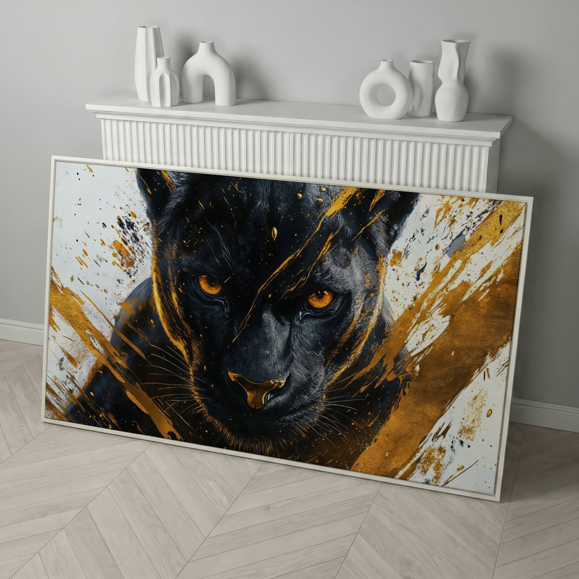 Black Panther with Gold Accents Canvas in white floating frame